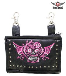 Studded Pink & White Sugar Skull Naked Cowhide Leather Belt Bag