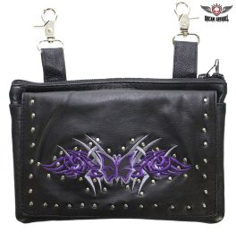 Studded Naked Cowhide Leather Gun Holster Belt Bag with Purple & Silver Butterfly