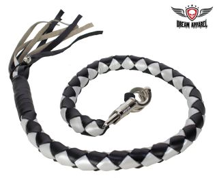 42" length 3" Thick Hand-Braided Leather Get Back Whip - Black/Silver