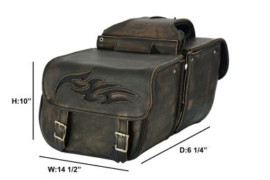 Genuine Distressed Brown Naked Leather Concealed Carry Saddlebag with Flame