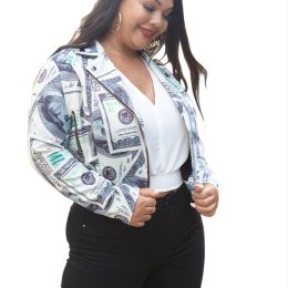 Plus Size Fashion Print Long Sleeve Crop Motorcycle Jacket; Women's Plus Slight Stretch Outerwear (Color: Light Grey, size: 5XL(22))