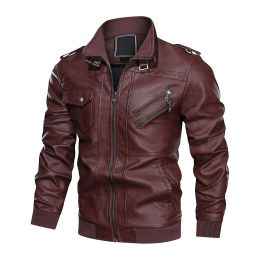 Men's PU Stand Collar Zipper Motorcycle Leather Jacket (Color: Purple, size: XS)