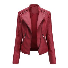 Leather Jackets Slim Motorcycle Coat Outwear (Color: Red, size: XL)