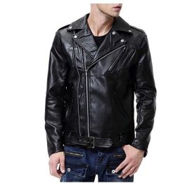 Men's Faux Leather Jacket Black Slim Fit Belted Punk Motorcycle Coat (size: XL)