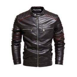 Autumn Winter Fleece Leather Jacket Men New PU Trench Coat Motorcycle Suit Windproof Waterproof Lapel Zipper Embroidery Fashion (Color: Dark brown, size: XL)