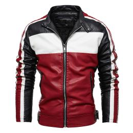 Fleece Leather Jacket Men Lining New PU Trench Coat Motorcycle Suit Windproof Waterproof Lapel Zipper Embroidery Winter Fashion (Color: Red, size: L)