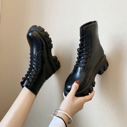 Botas Women Motorcycle Ankle Boots Wedges Female Lace Up Platforms Spring Black Leather Oxford Shoes Woman 2022 Botas Mujer (size: 40)