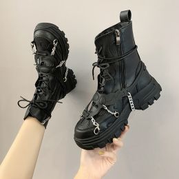 Women Shoes Platform Boots Punk Gothic for Women Boots Combat Ladies Black Metal Button Woman Motorcycle Ankle Boots Autumn New (Color: 2 coffee color, Shoe Size: 40)