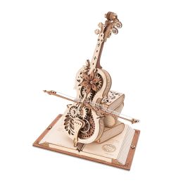 Robotime ROKR Magic Cello Mechanical Music Box Moveable Stem Funny Creative Toys for Child Girls 3D Wooden Puzzle AMK63 (Option: Amk63)