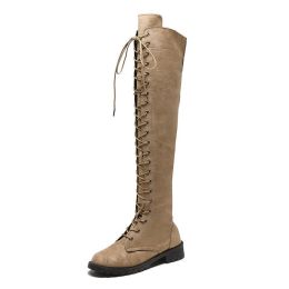 New Sexy Ladies Lace-up Over The Knee Boots Womens Plus Size Boots Shoes for Women Motorcycle Boots Winter Boots Punk Shoes998 (Color: Khaki, size: 39)