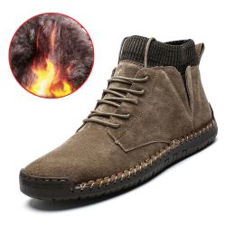 Men Shoes Winter Men Warm Fur Suede Boot Motorcycle Boots Fashion Handmade Winter Ankle Boots Male Comfortable Cowboy Boots (Color: fur khaki, size: 46)