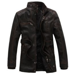 Mens Leather Jackets Winter Fleece Thermal Faux Motorcycle Jacket Stand Collar Casual Coats Zip Outerwear Plus Size 6XL (Color: coffee, size: XL)