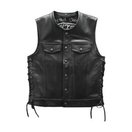 Men's Real Collarless Motorcycle Vest Cowhide Genuine Leather Sleeveless Jackets Adjustable Rope (Color: Black, size: M)