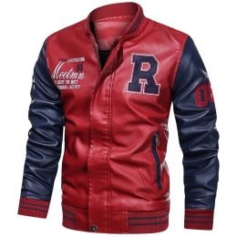 Men Leather Jacket Patchwork Biker Coat Motorcycle Jackets Mens Winter Casual Fleece Warm Coats Stripe Loose Outwear 2022 New (Color: Red, size: XXXL)