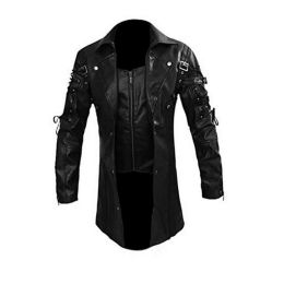 Vogue Men Faux Leather Jackets Autumn Fashion Steampunk Gothic Turn Down Collar Motorcycle Male Zippers Coat (Color: Black, size: XL)