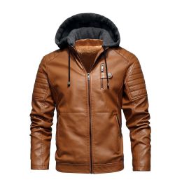 Mens Winter Warm Leather Jackets And Coats Faux Fur Biker Outerwear Fleece Lined Thick Thermal Motorcycle Tops Clothing (Color: Khaki, size: XXXL)