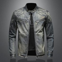 Men's Blue Denim Vintage Classic Biker Motorcycle Jacket Stand Collar Retro Slim Fit Distressed Racer Jeans Coat Drop Shipping (Color: Blue, size: XXL)