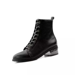 Autumn Winter Women Motorcycle Boots Heels Lace Up Shoes Comfortable (Color: Black, size: 39)